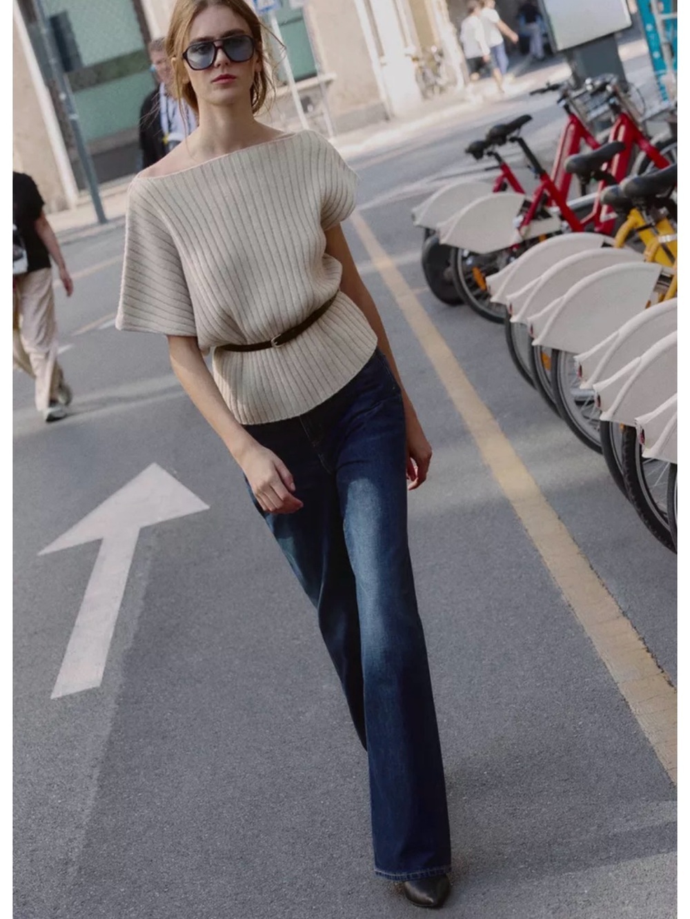 Zara Cream Ribbed Knit Top with Off-Shoulder Style